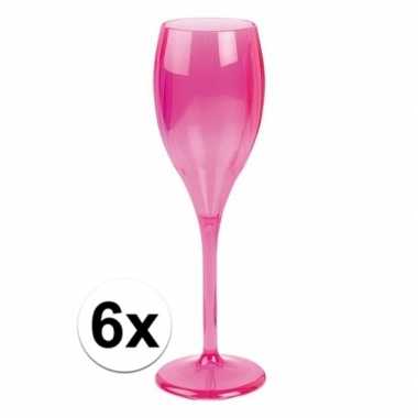 6x champagne glazen neon fuchsia plastic